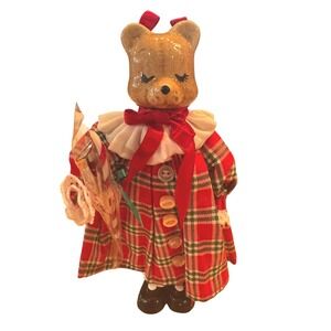 Vintage Just‎ Ducky Ceramic Teddy Bear Figurine Red Plaid Christmas Dress Bows
